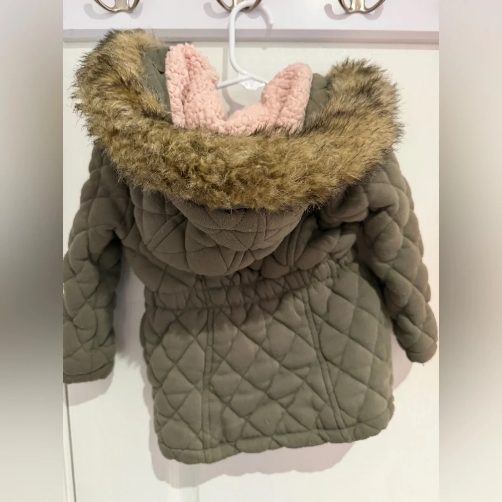 Me Jane Mini Olive Quilted Kids Jacket with removable Faux Fur Hood